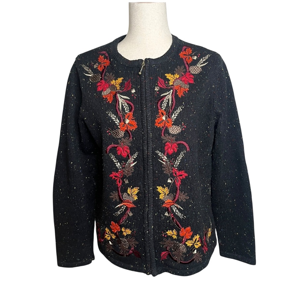Vtg Croft & Barrow Embellished Cardigan Zip Front‎ Sweater Fall Autumn Sz Small
